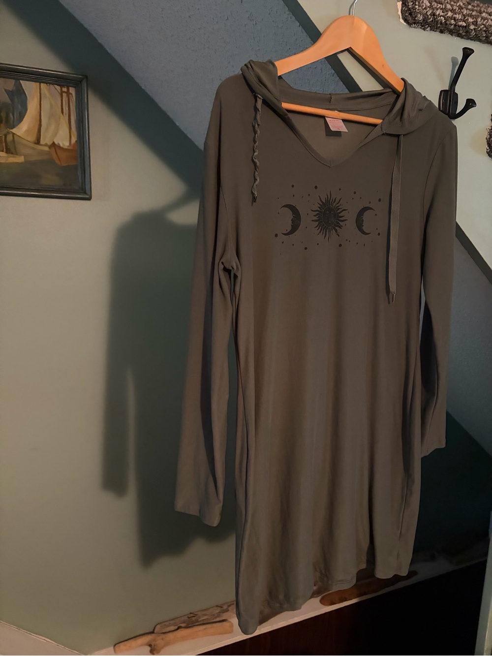 No Boundaries Olive Hooded Long Sleeve Mini Dress with Moon & Sun Graphic